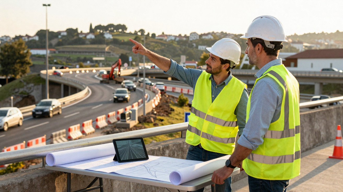 Two construction workers in high-visibility vests and helmets reviewing plans by a busy road under construction.