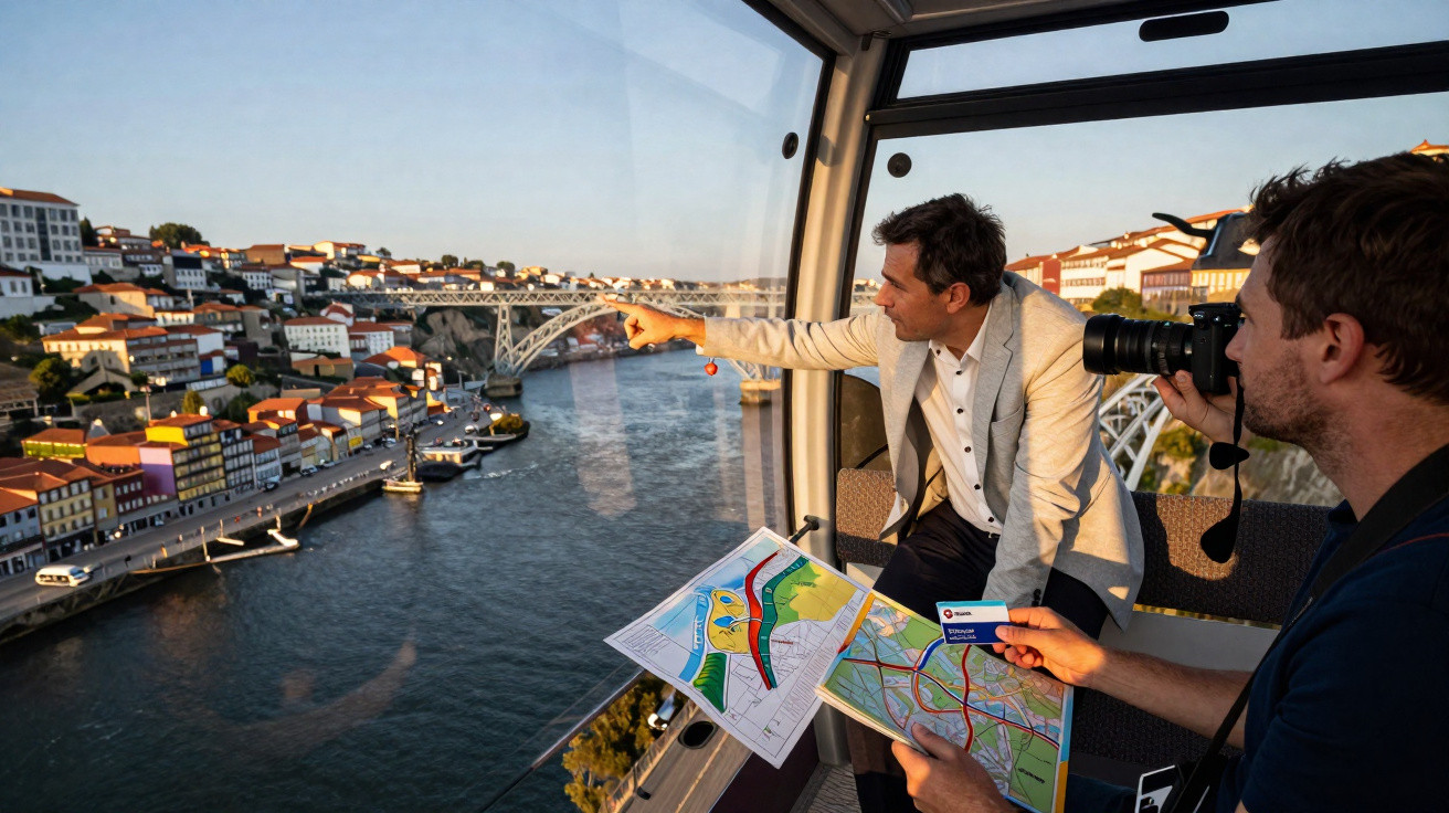 Two men inside a cable car over a river, one pointing outside, the other holding a camera and maps.