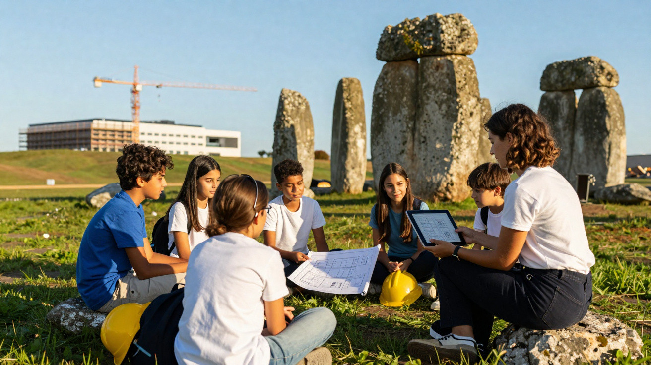 Group of children and an adult reviewing plans outdoors near large standing stones on a sunny day