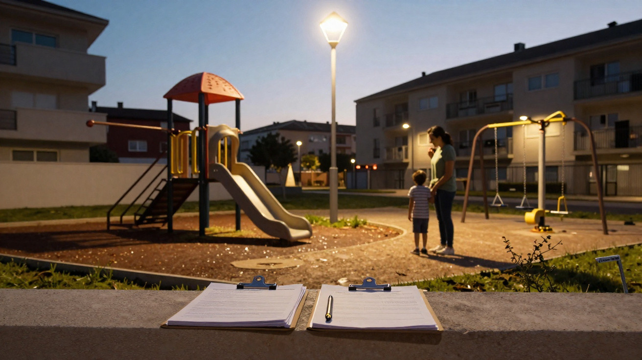 Child and adult standing near playground equipment at dusk with clipboards and pen in foreground