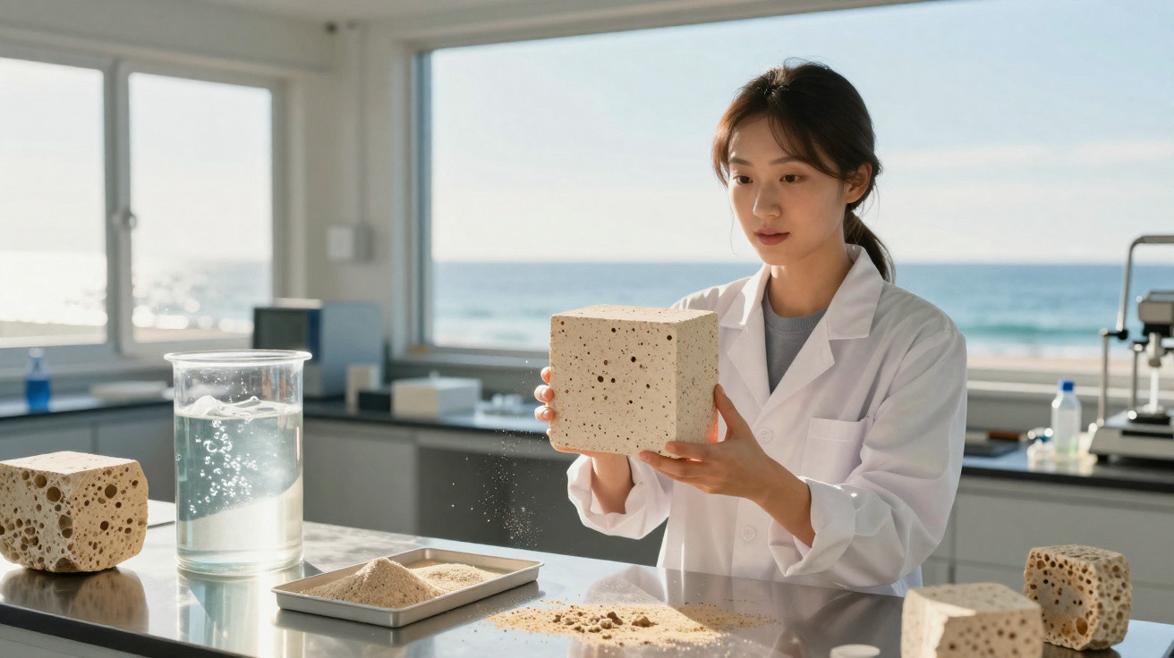 Scientist in white coat examining porous cube in sunlit laboratory by the sea.