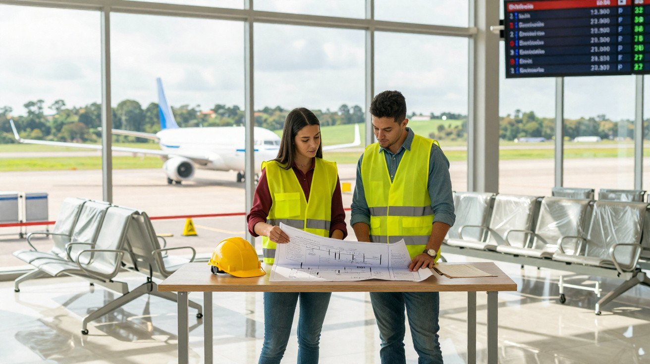 Two airport workers in yellow vests reviewing blueprints at a table with an airplane visible outside.