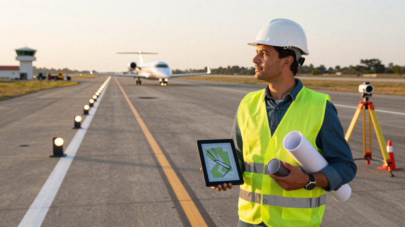 Man in hard hat and high-visibility vest holding plans and tablet on airport runway with plane landing.
