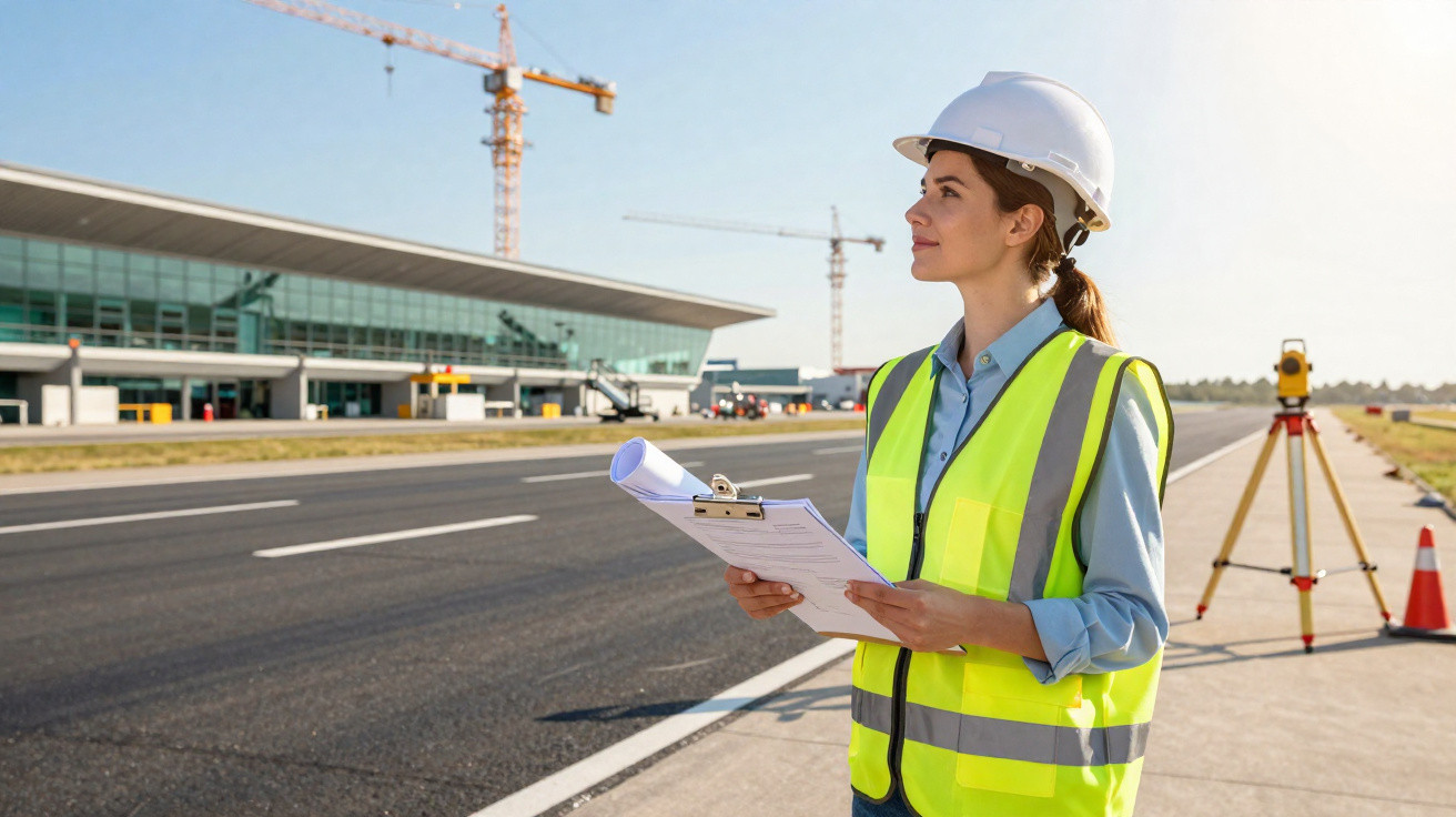 Female engineer in hard hat and high-visibility vest holding documents at an airport runway construction site.