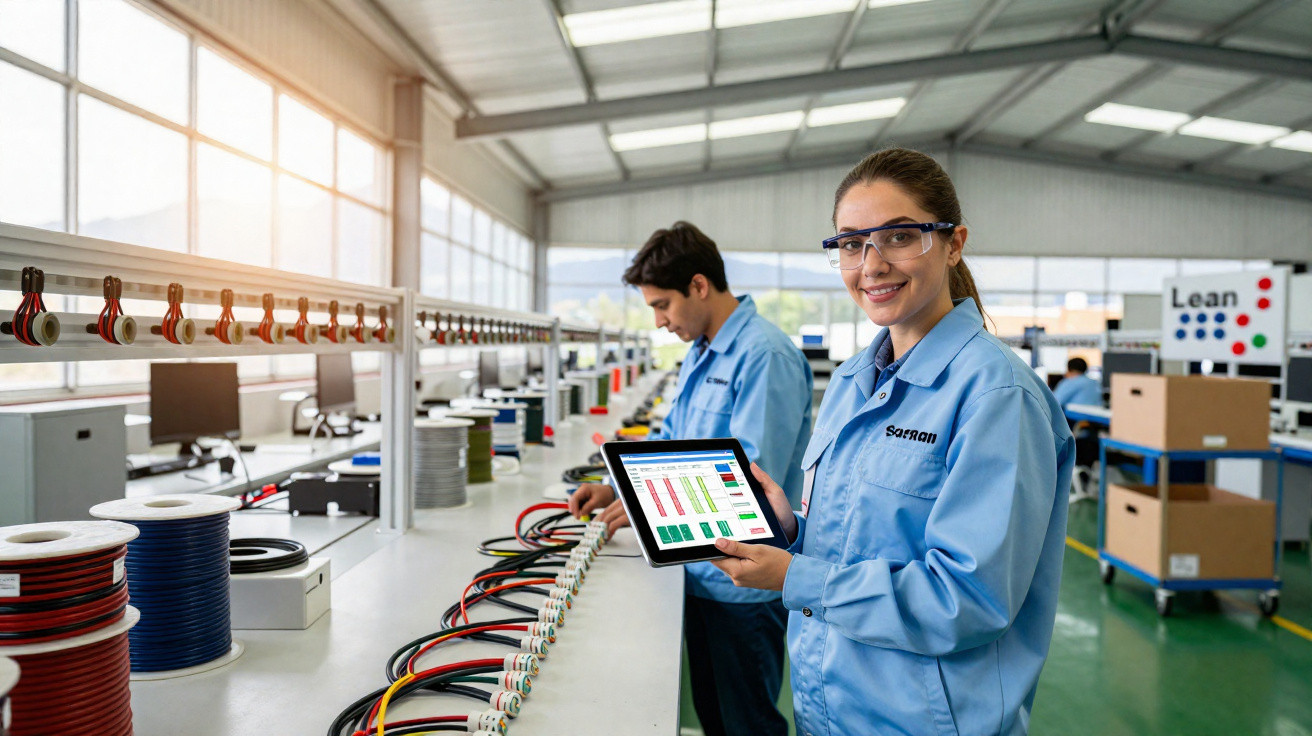 Two factory workers in safety glasses monitor electronic equipment, one holding a tablet with data charts.