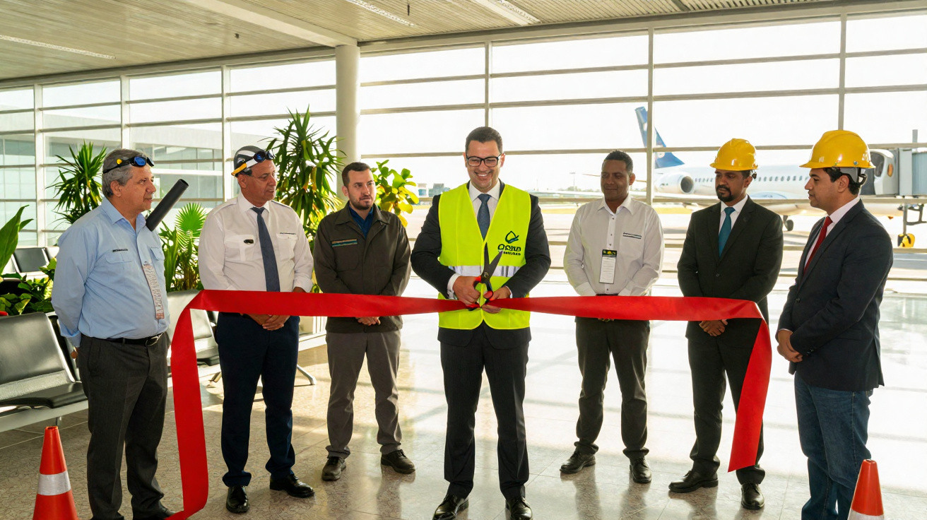 Group of men in business and work attire cutting a red ribbon at an airport terminal ceremony.