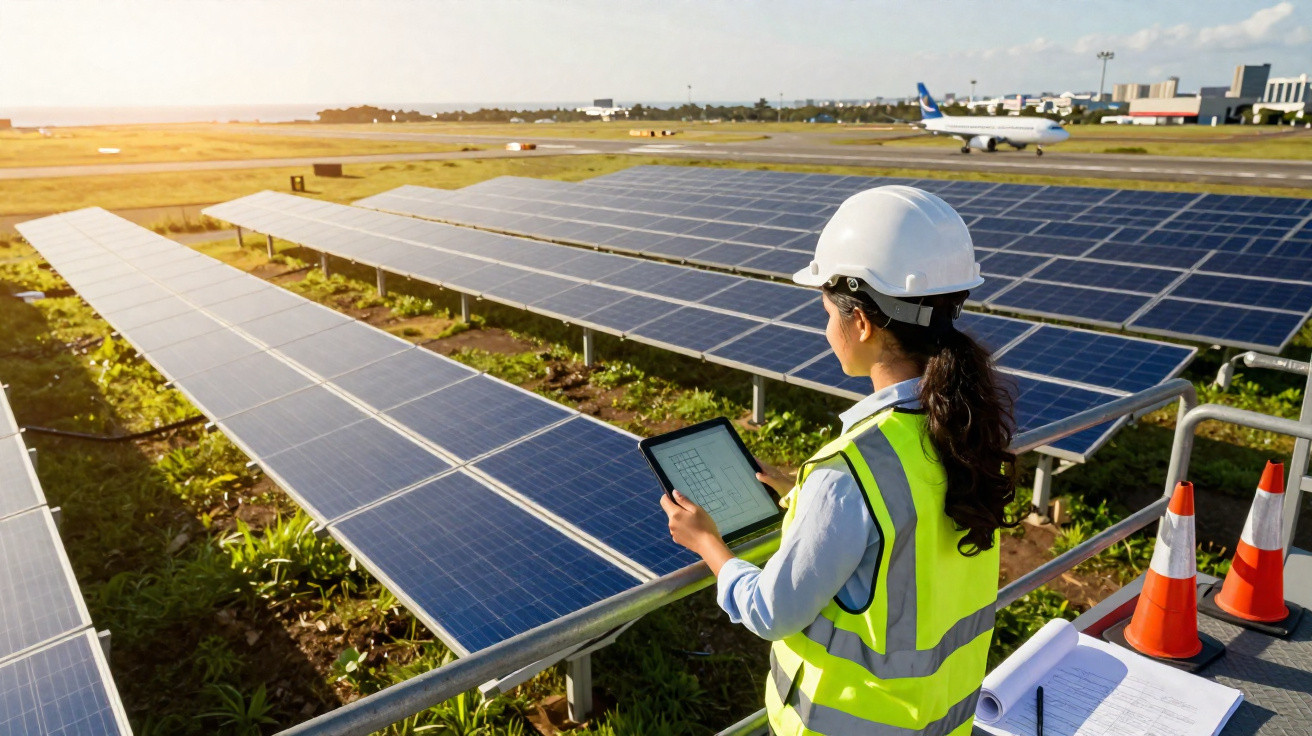 Engineer with tablet inspects solar panels at airport with plane in background during sunset.