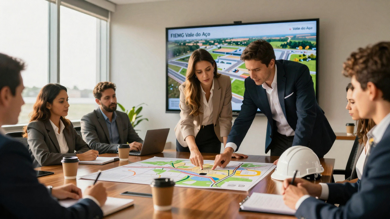 Business team discussing architectural plans around a table in a modern office meeting room.
