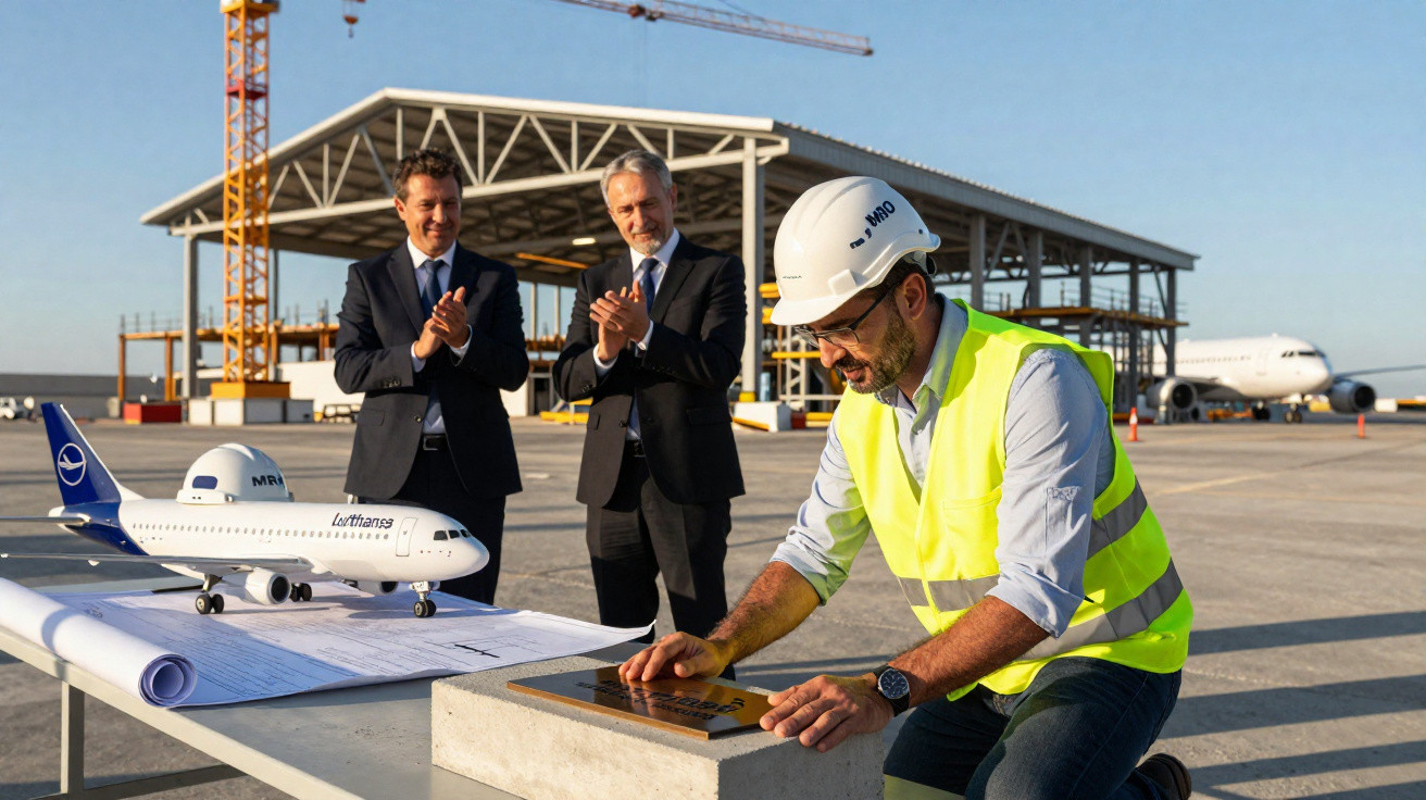 Man in safety vest and helmet setting a commemorative stone while two men in suits applaud at airport construction site.