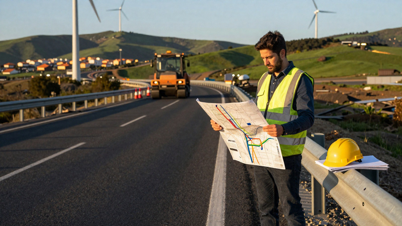 Construction worker in a high-visibility vest examining plans by a roadside with wind turbines and machinery in the backgroun