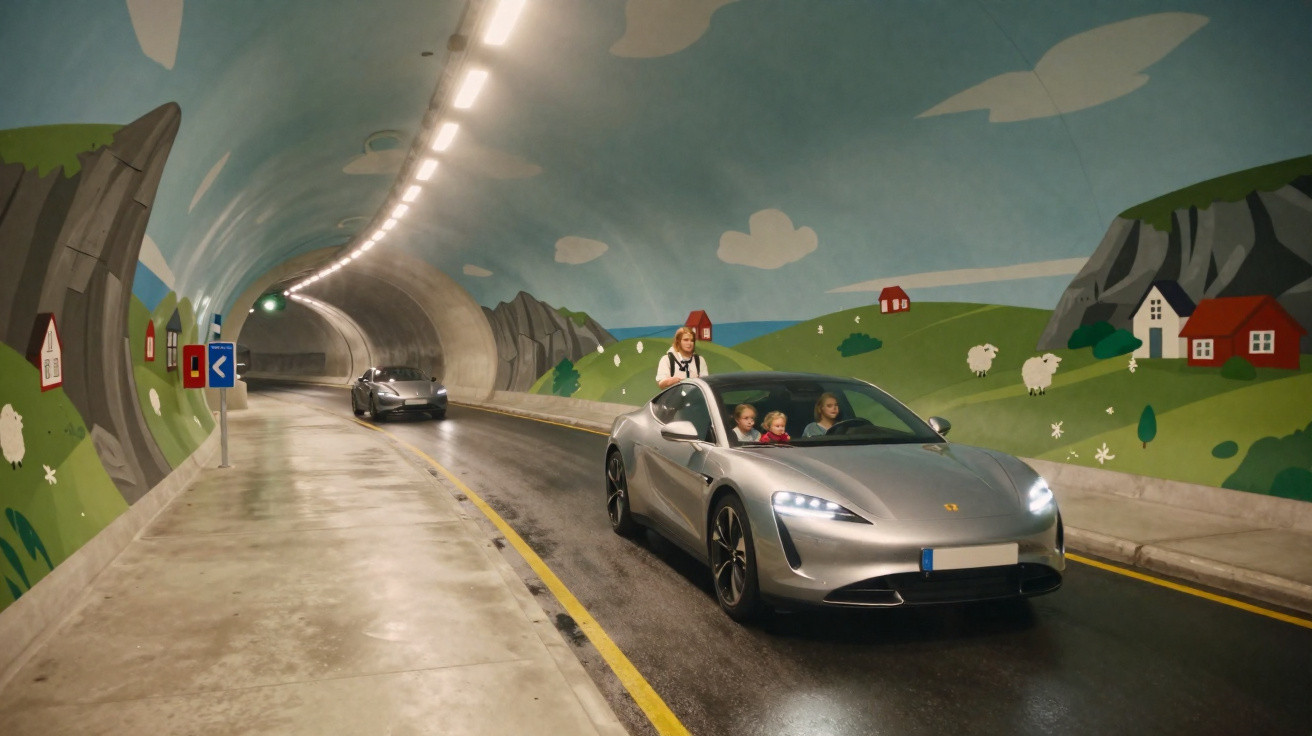 Silver electric cars driving through a colourful tunnel with painted countryside scenes and a family inside the front car.