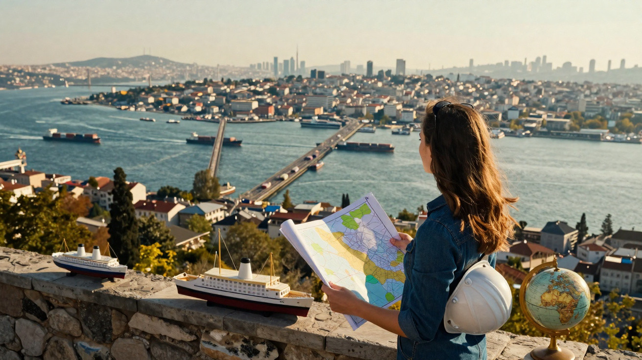 Woman with map and safety helmet overlooking cityscape and river with bridges and boats on a sunny day.