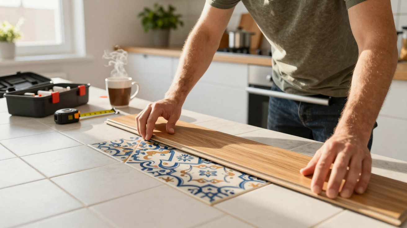Person installing wooden flooring planks over patterned tiles on a kitchen counter with tools nearby.