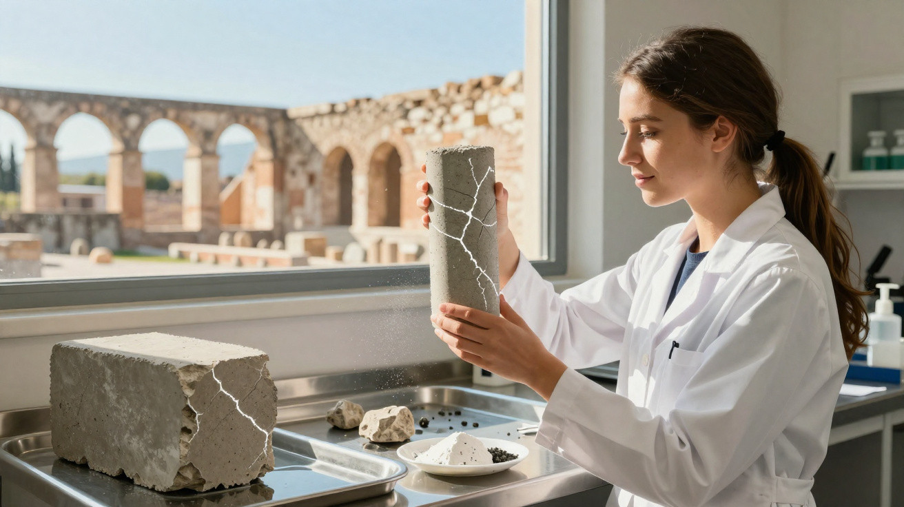 Female archaeologist in a lab coat examining a cracked ancient artefact with archaeological ruins visible outside.