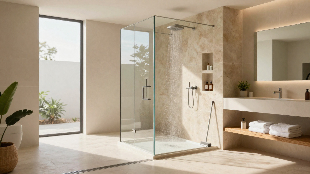 Modern minimalist bathroom with glass shower enclosure, large window, plants, and wooden shelf with towels.