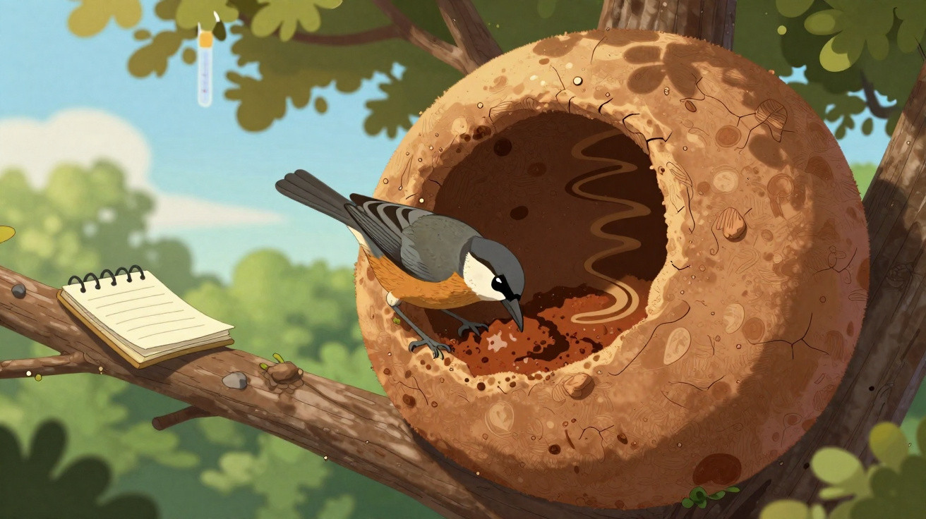 Small bird perched on a branch next to a round, hollow nest attached to a tree trunk with a notebook nearby.