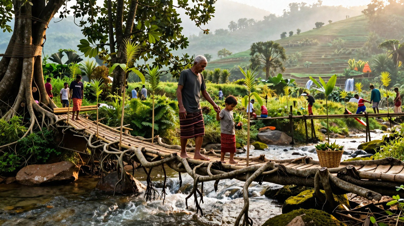 Elderly man and child crossing a rustic wooden bridge over a stream with lush greenery and people in the background.