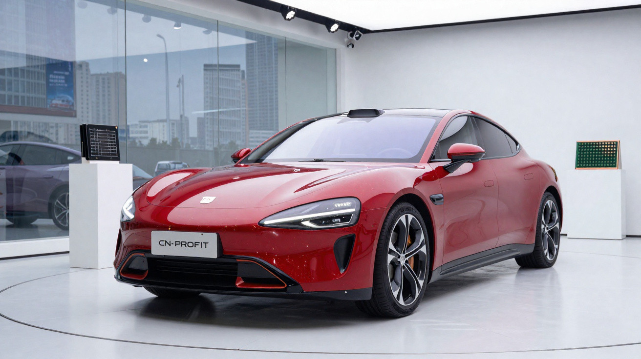 Red electric sports car on display inside a modern showroom with white walls and large glass windows.