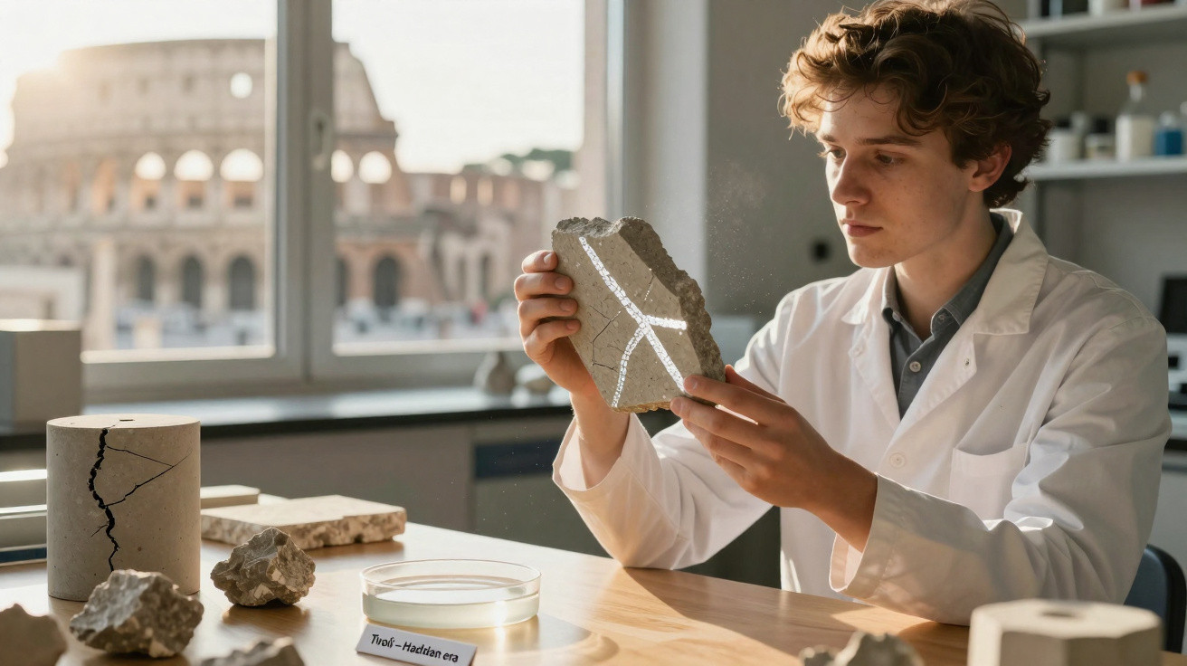 Scientist in lab coat examining cracked ancient pottery shard with Colosseum visible through window behind.