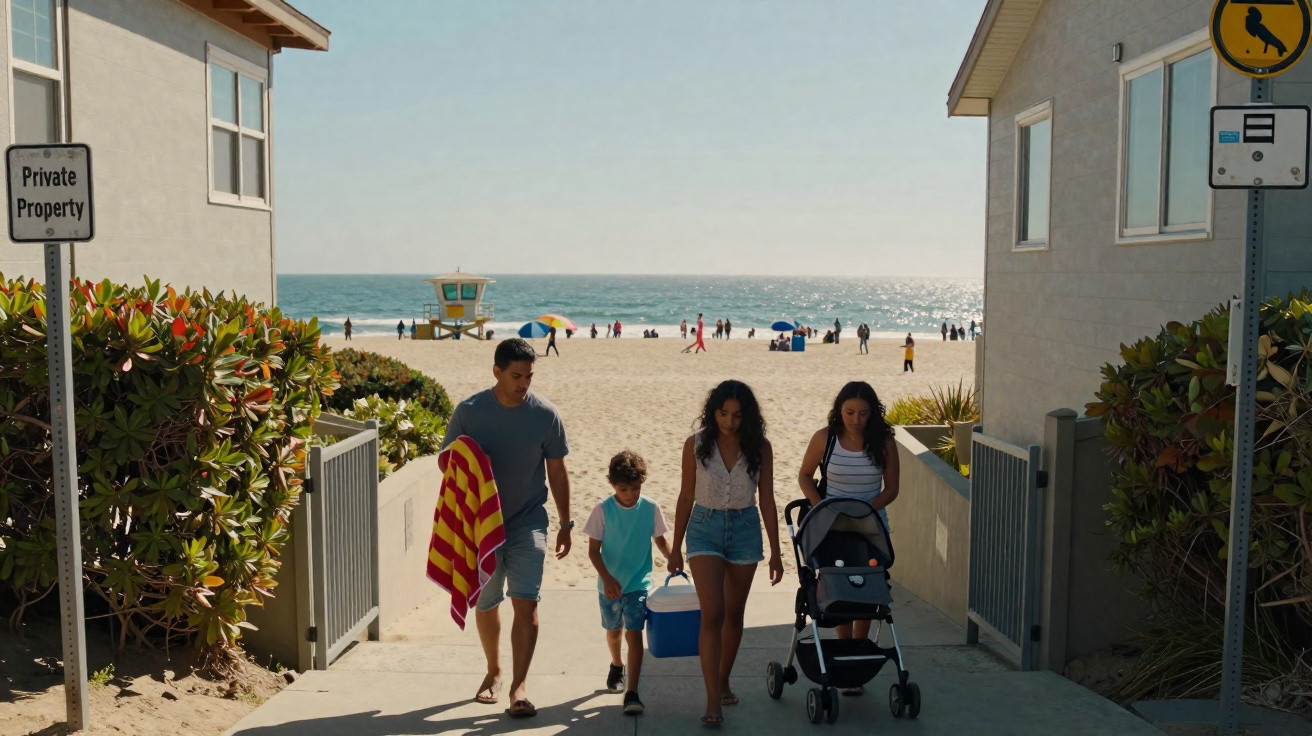Family walking from beach with towel, cooler, and stroller between two houses on a sunny day.
