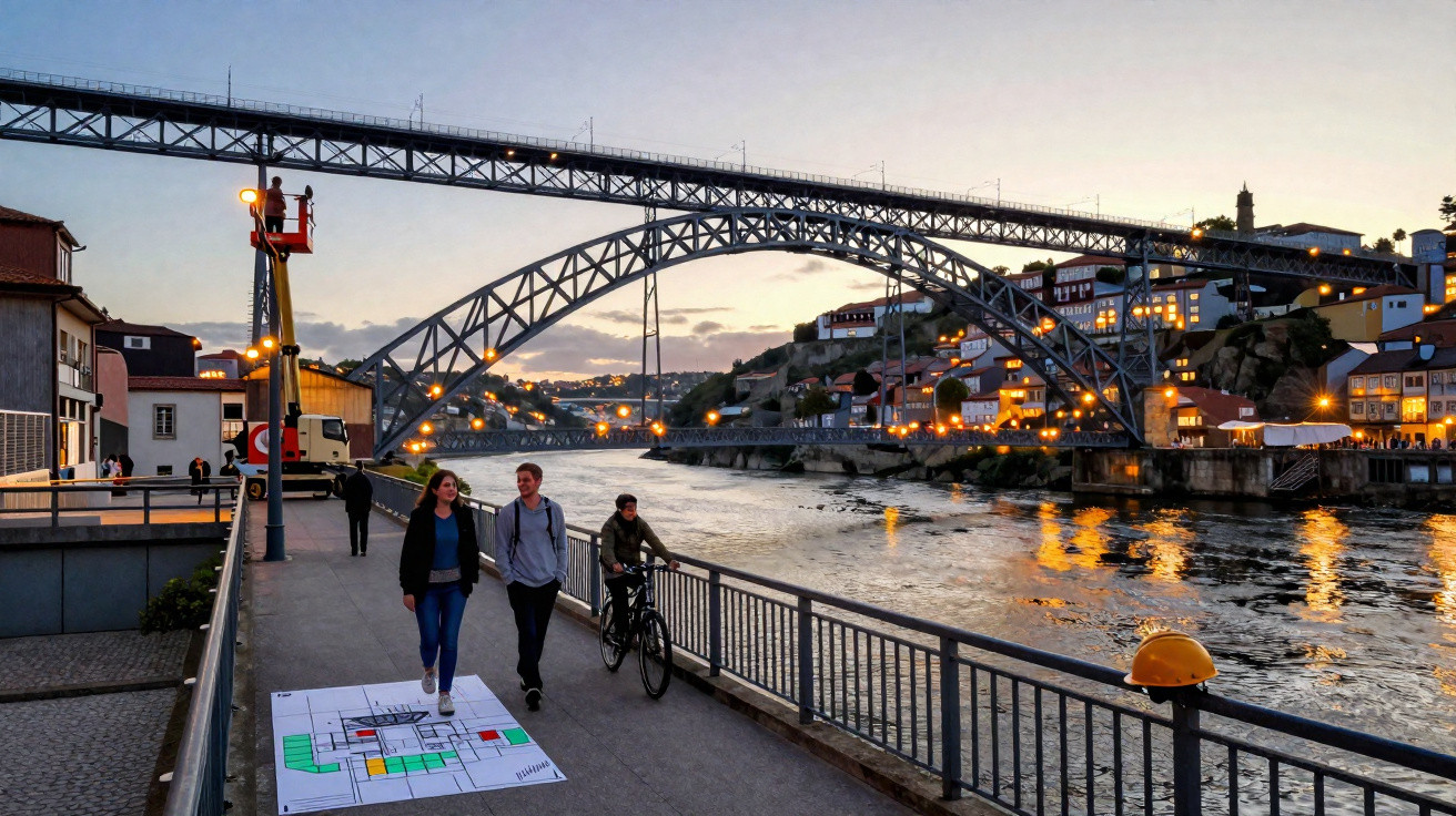 People walking and cycling along the riverside at dusk with an illuminated arched bridge in the background.