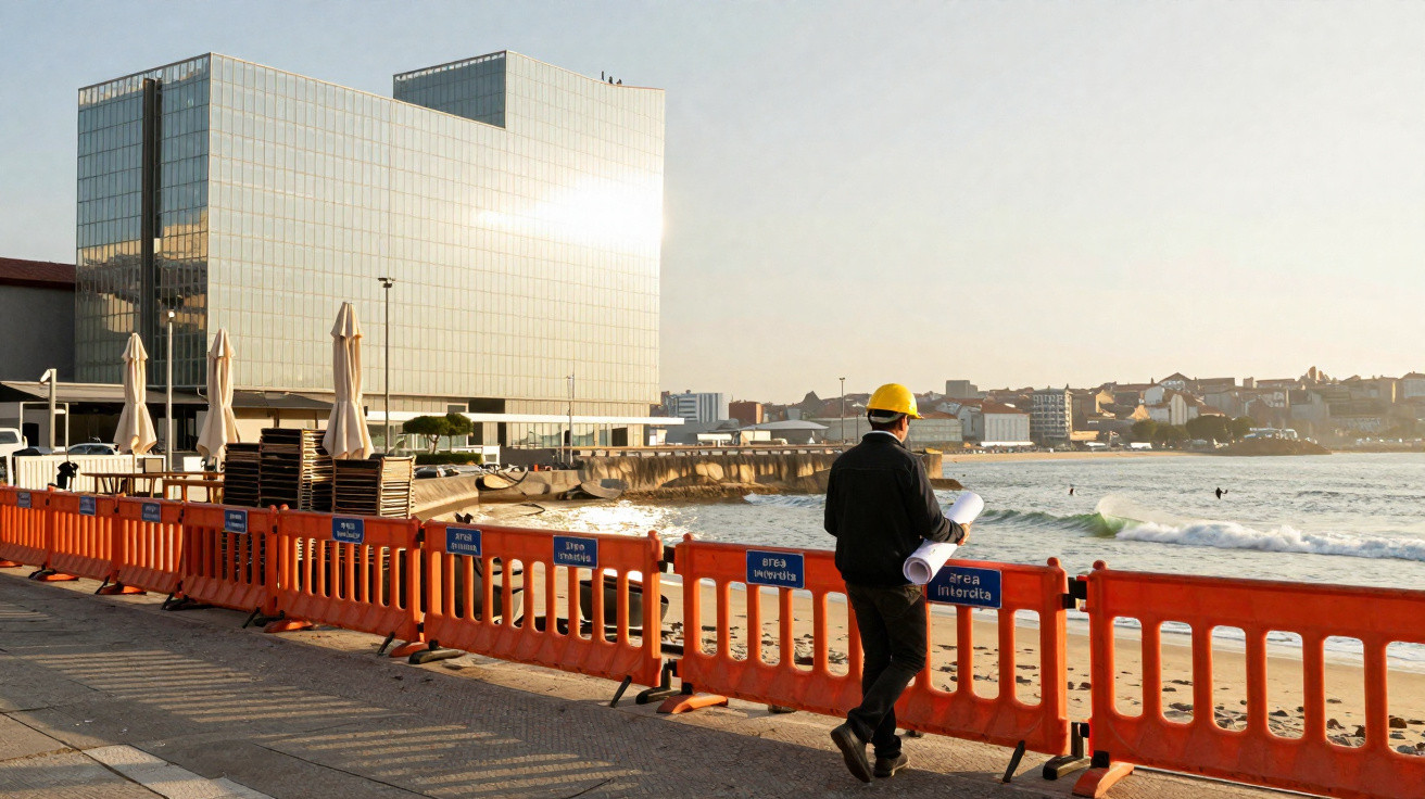 Construction worker in a hard hat holding blueprints by orange barriers near a modern glass building and seaside.