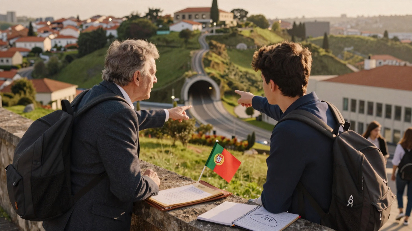 Two men with backpacks pointing towards a tunnel entrance near a small hill with a Portuguese flag.