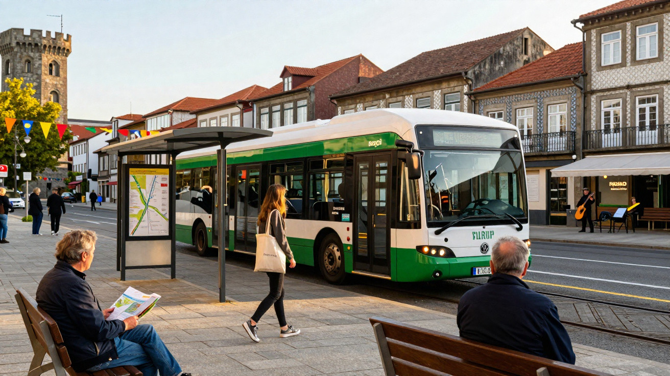 People waiting at a bus stop as a green and white bus arrives on a street with traditional buildings in the background.