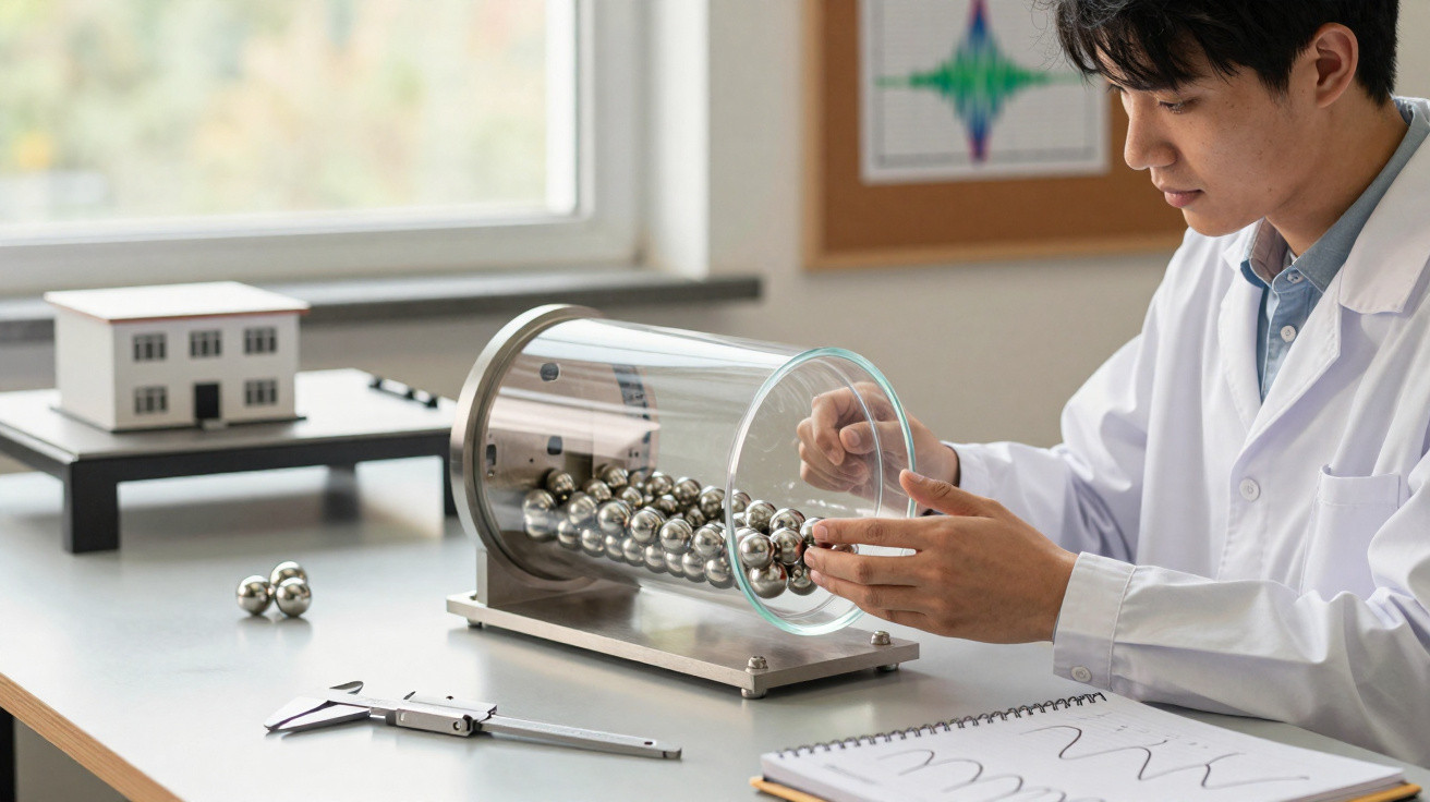 Scientist in a lab coat examining metal spheres in a transparent rotating drum on a table.