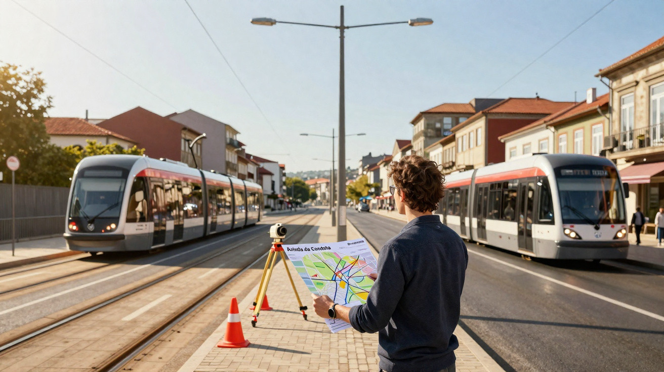 Person holding a map while surveying tram tracks with two modern trams passing in a sunny urban street.