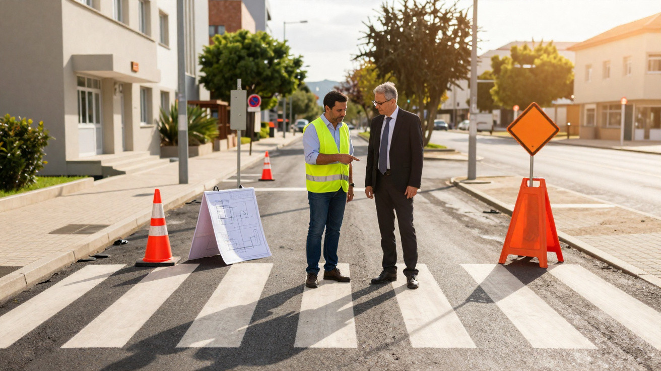 Two men in work and business attire discussing plans on a closed urban street with road cones and signs.