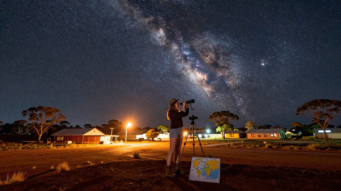 Person stargazing with a telescope under a clear Milky Way galaxy in a rural night setting with houses and trees.