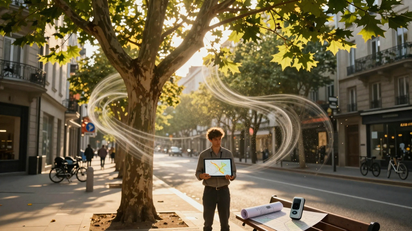 A person standing on a sunlit street holding a tablet with light trails swirling around a large tree.