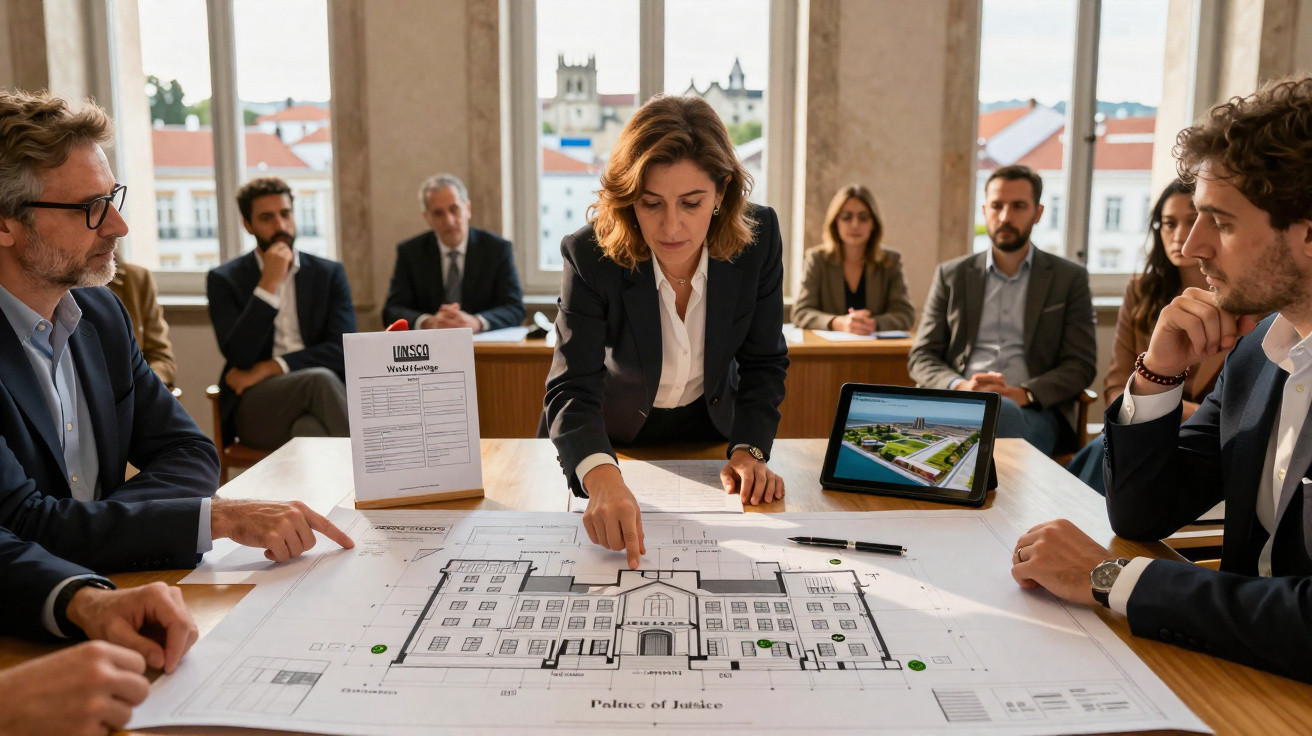 Group of professionals discussing architectural plans of the Palace of Justice in a meeting room