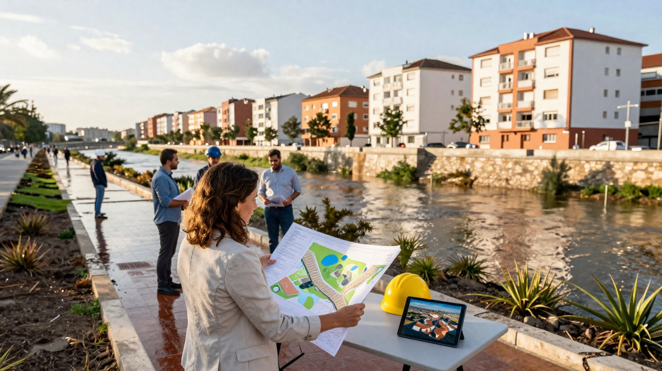 People reviewing architectural plans by a riverwalk with modern apartment buildings in the background.