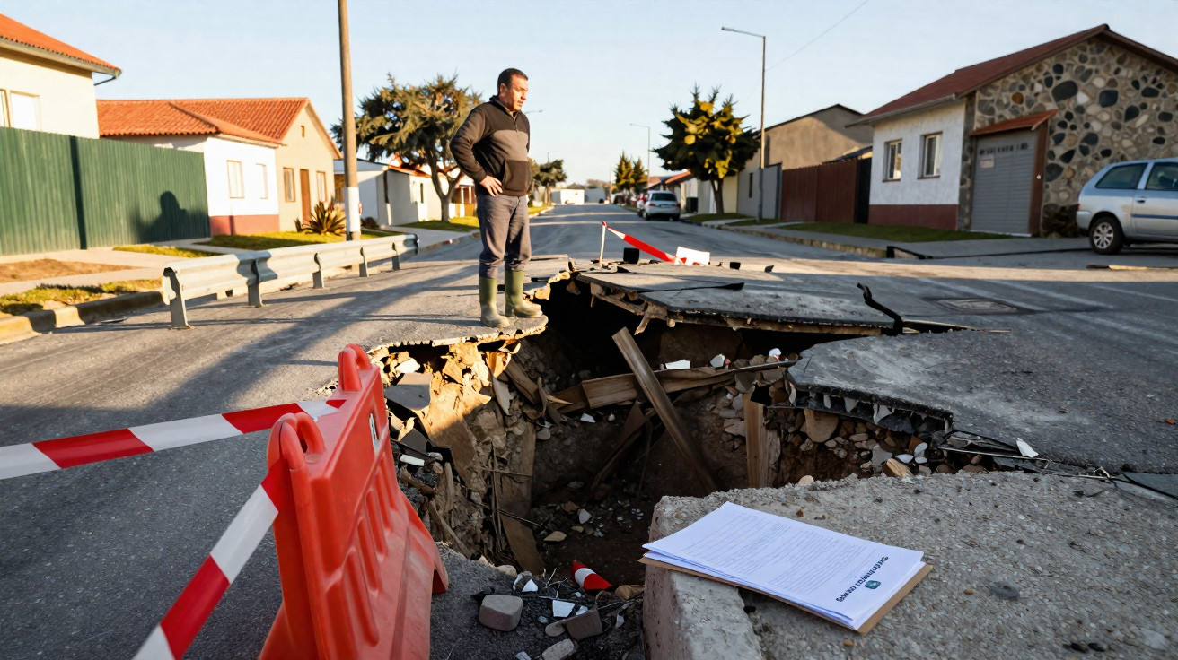 Man in rubber boots stands on edge of large collapsed sinkhole in residential street cordoned off with barriers and tape