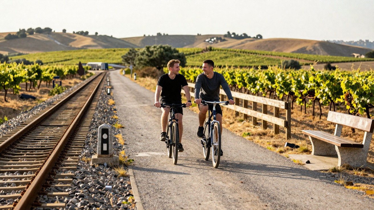 Two men cycling and chatting on a path beside railway tracks and vineyard rows in a sunny rural landscape.
