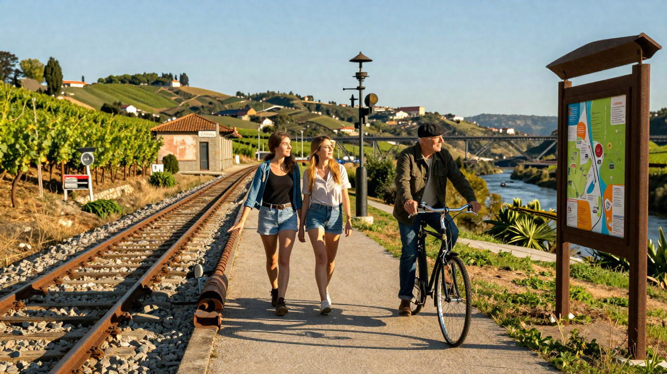 Two women walking and a man cycling beside railway tracks along a river with vineyards and hills in the background.