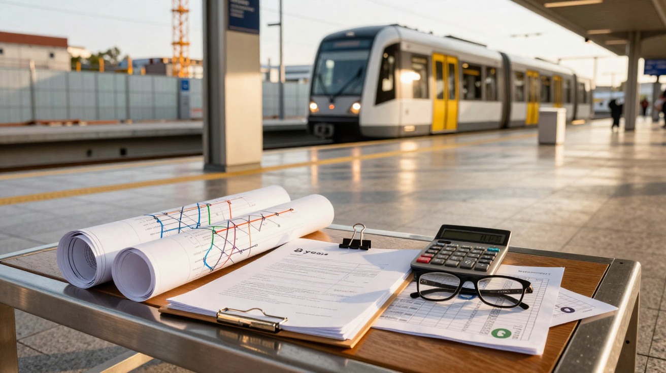 Clipboard with papers, rolled maps, glasses, and calculator on a bench at a train station with a train arriving.