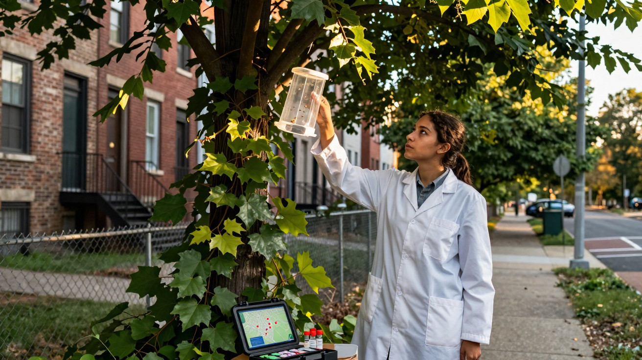 Scientist in a white coat examining a transparent container attached to a tree in an urban neighbourhood.