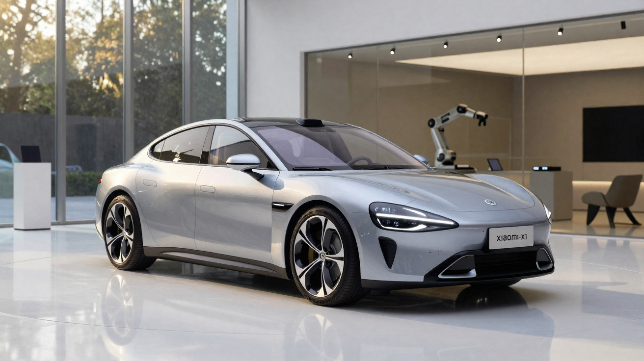 Silver electric sedan parked inside a modern showroom with large glass windows and robotic arm in background.