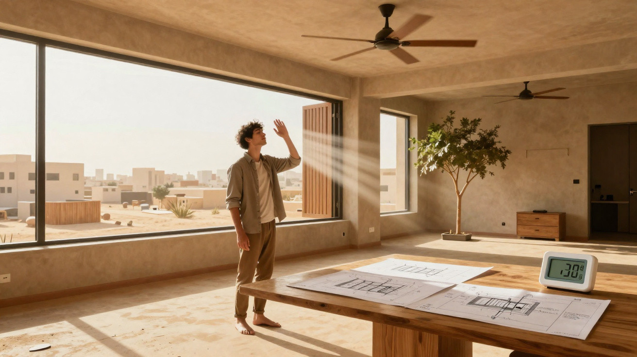 Man standing barefoot in a sunlit modern room with architectural plans on a wooden table and a digital thermometer showing 30