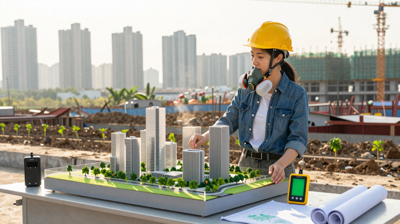 Female architect in a hard hat and mask inspecting a building model at an outdoor construction site.