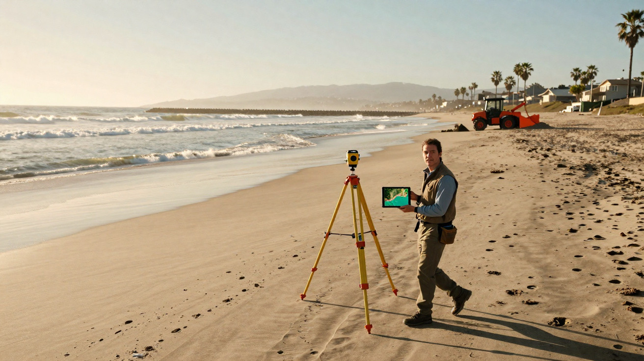Surveyor with a tablet and a total station on a tripod conducting a land survey on a sandy beach at sunrise.