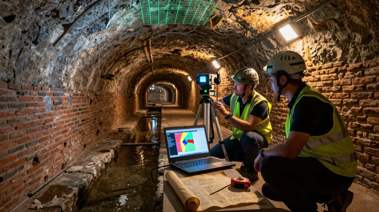 Two engineers in helmets and high-visibility vests surveying a water tunnel with surveying equipment and plans.