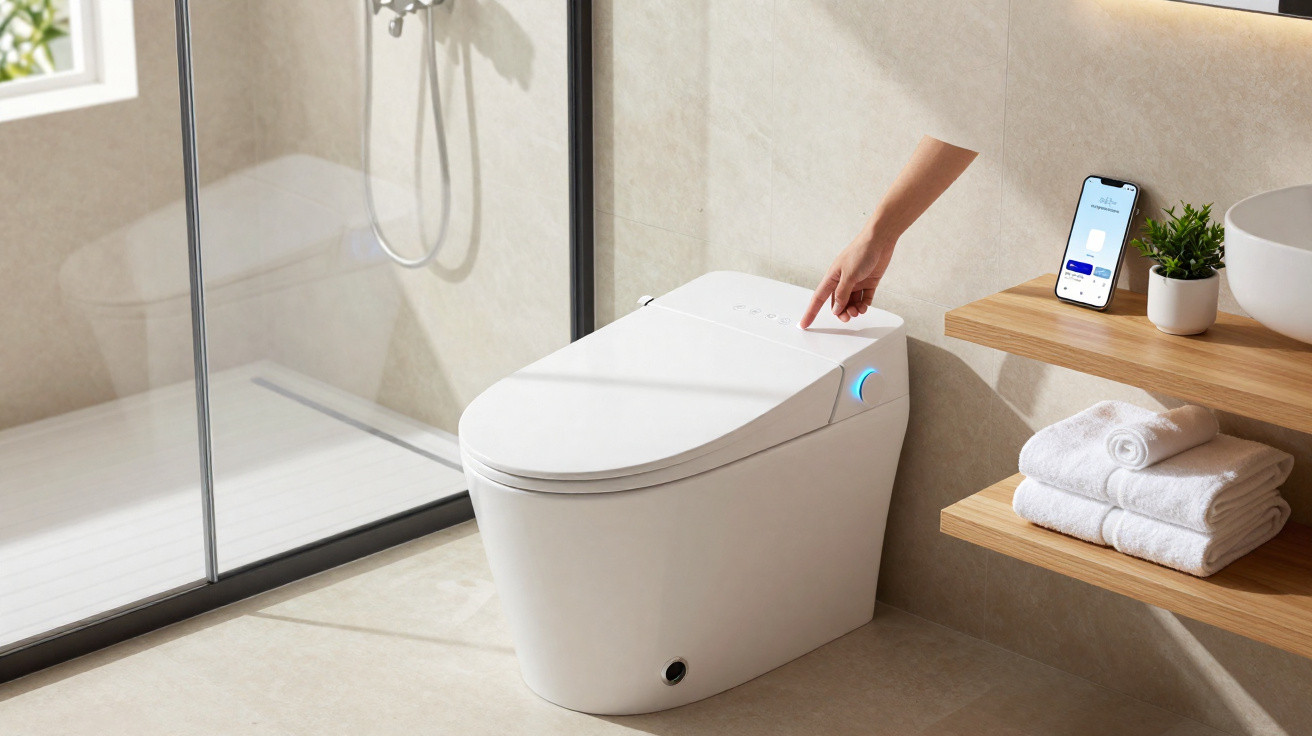 Modern white smart toilet with a person pressing a button, next to folded towels and a smartphone on a wooden shelf.