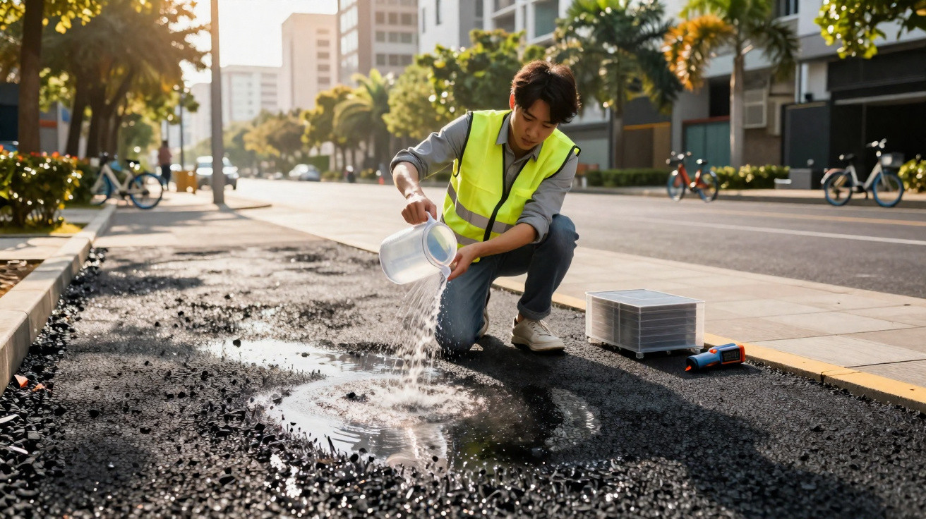 Construction worker in a yellow vest pouring water on fresh asphalt on a city street under sunlight.