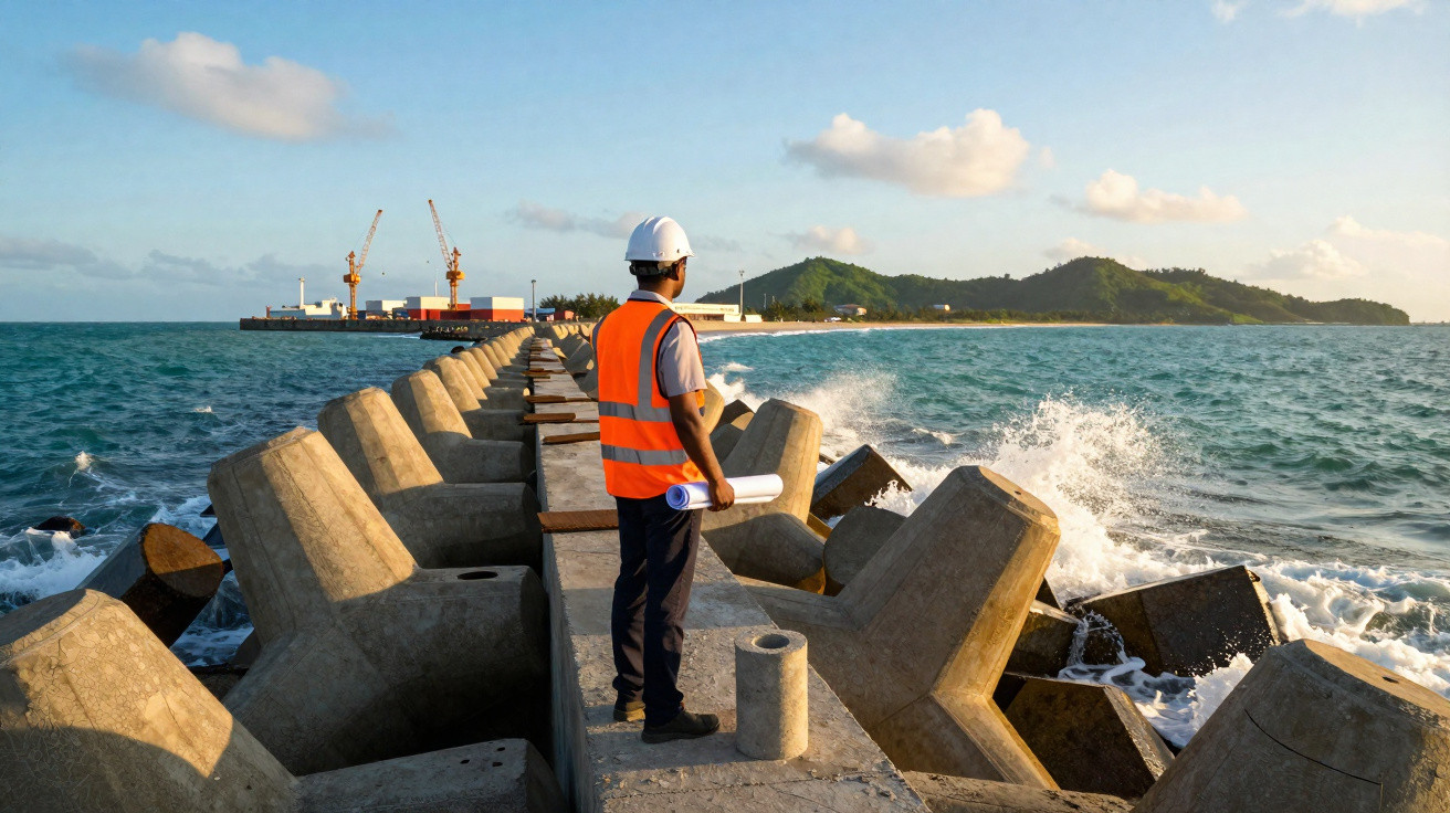 Engineer in a hard hat and high-visibility vest standing on a concrete breakwater by the sea at sunset.