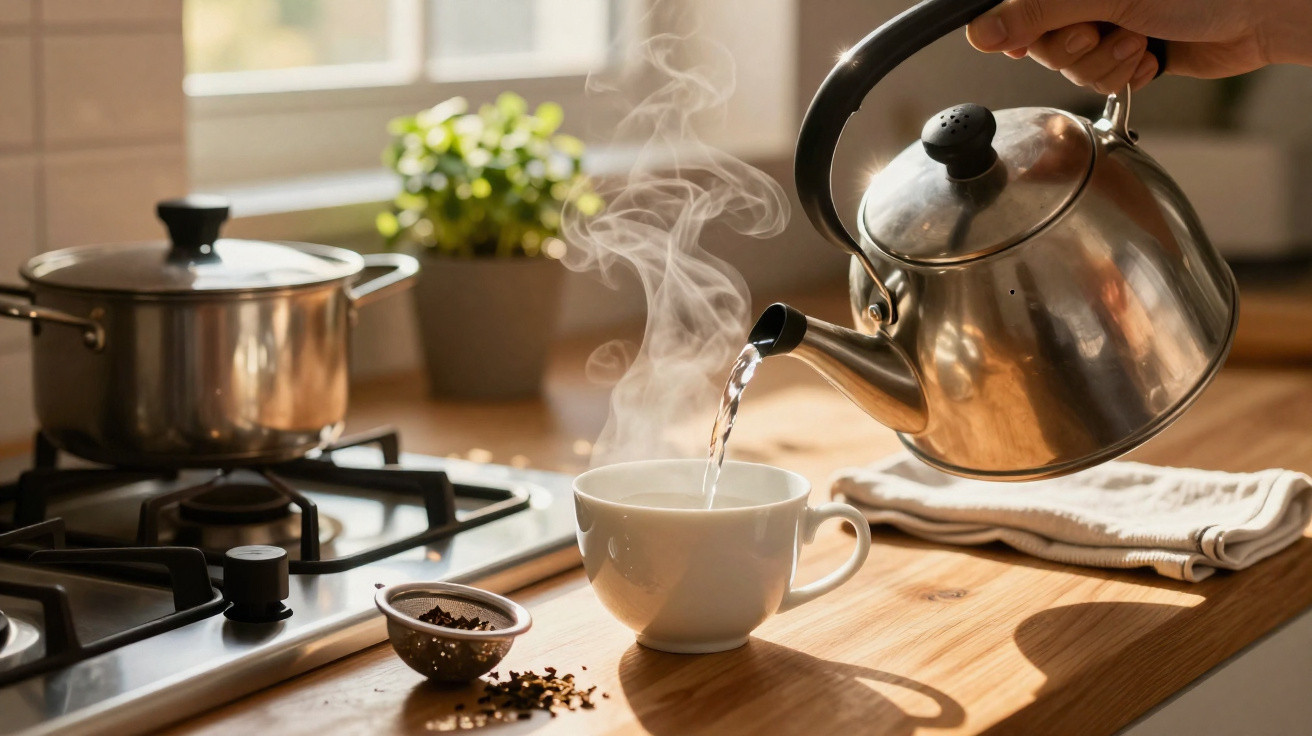 Steam rises as hot water is poured from a kettle into a white cup on a wooden kitchen countertop.