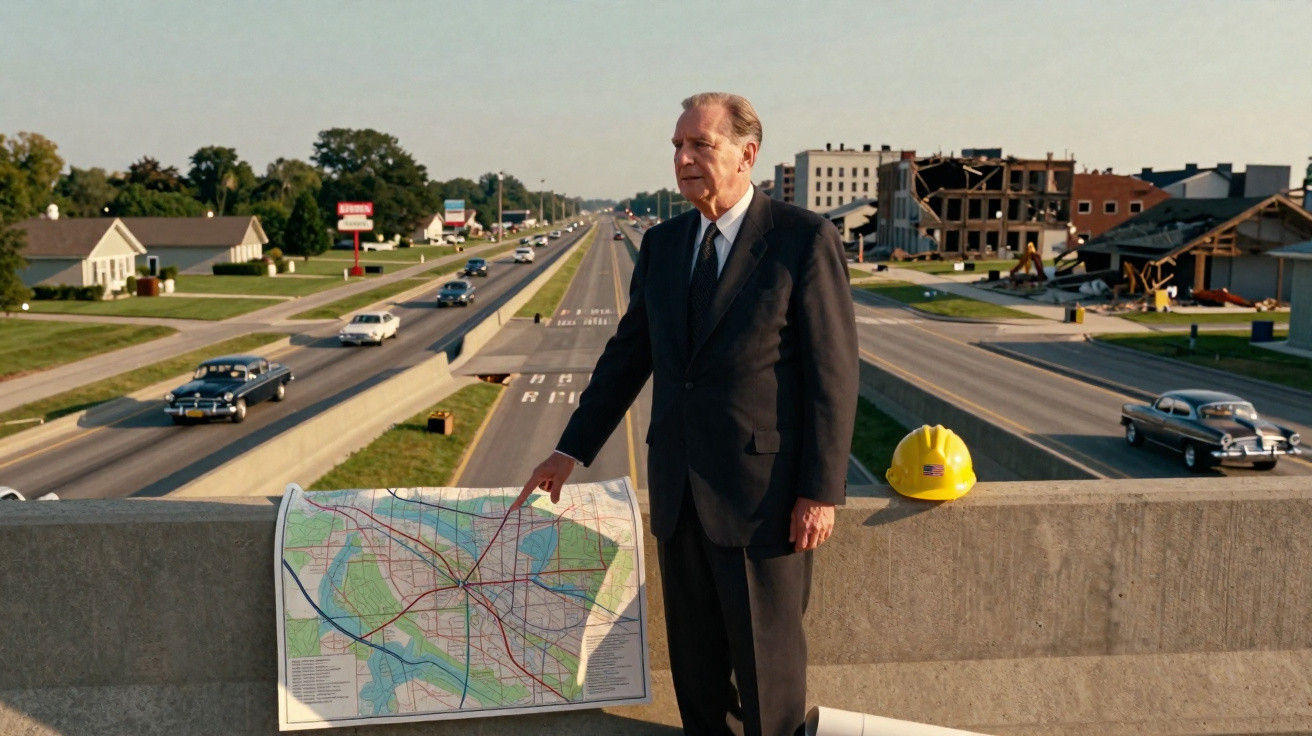 Man in suit pointing at a map on a highway overpass with vintage cars and buildings in the background.